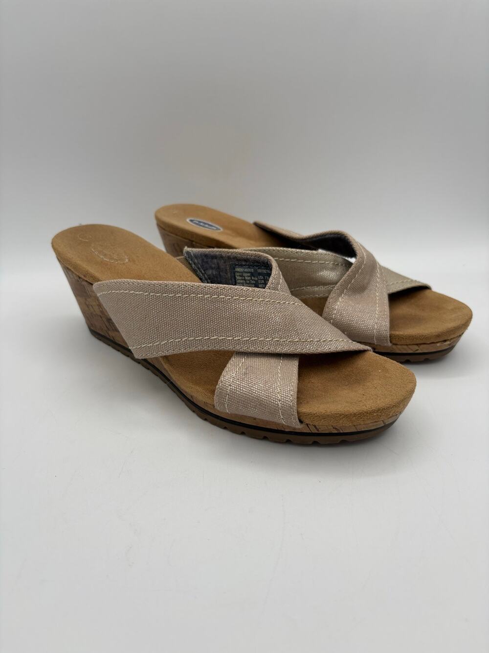 Dr. Scholls Cork Wedge Cream Tan Canvas Heeled Sandals Size 7.5